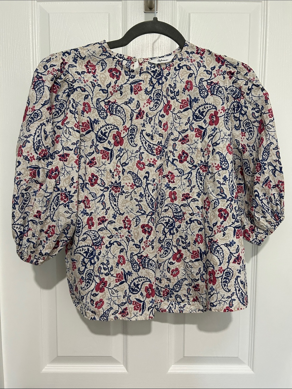 Reitmans Floral Puff-Sleeve Blouse - White, Blue & Red